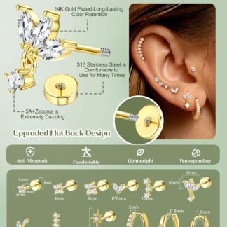 ORAZIO 16 Gauge Cartilage Earrings for Women Flat Back Hypoallergenic Surgical Steel Small Flatback Stud Hoop Cartilage Earring Stack Set Daith Conch Tragus Helix Piercing...