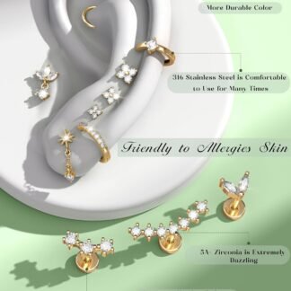 ORAZIO 16 Gauge Cartilage Earrings for Women Flat Back Hypoallergenic Surgical Steel Small Flatback Stud Hoop Cartilage Earring Stack Set Daith Conch Tragus Helix Piercing...