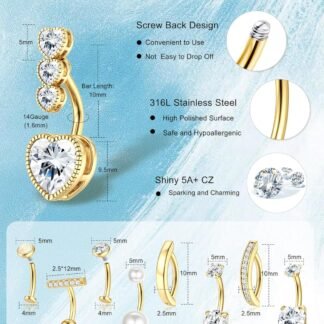 ORAZIO Gold Belly Button Ring - Hypoallergenic Surgical Stainless Steel Belly Rings for Women 14G CZ Opal Clicker Floating Belly Button Piercing Jewelry Pack Cute Dainty Navel...