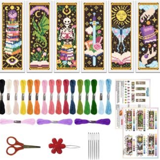ORIGACH 6 Set Mystical Tarot Card & Book Cross Stitch Bookmark Kit for Beginner with Backing Felt Floss Instructions DIY Stamped Embroidery Bookmark Kit for Adults, Book Lovers
