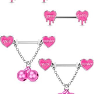 OUFER 4PCS Nipple Piercing Jewelry, 14G ​Pink Bell&Chain Nipple Rings Surgical Steel, Melting Heart 14MM Nipple Barbells, Nipple Piercing Kit For Women