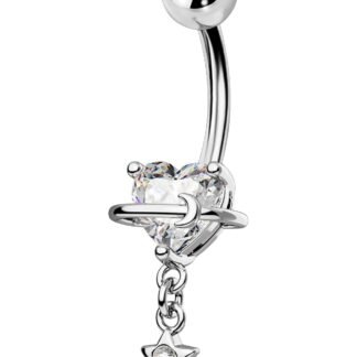 OUFER Dangle Belly Button Rings, 316L Surgical Steel Belly Rings for Women, 14G Heart Navel Piercing Jewelry, Star Dangling Clear CZ Curved Barbells Silver/Gold 10MM