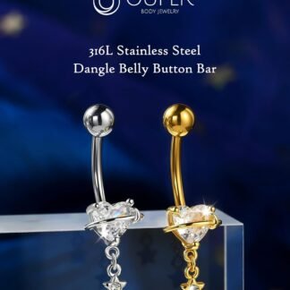 OUFER Dangle Belly Button Rings, 316L Surgical Steel Belly Rings for Women, 14G Heart Navel Piercing Jewelry, Star Dangling Clear CZ Curved Barbells Silver/Gold 10MM