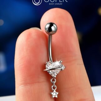 OUFER Dangle Belly Button Rings, 316L Surgical Steel Belly Rings for Women, 14G Heart Navel Piercing Jewelry, Star Dangling Clear CZ Curved Barbells Silver/Gold 10MM