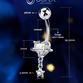 OUFER Dangle Belly Button Rings, 316L Surgical Steel Belly Rings for Women, 14G Heart Navel Piercing Jewelry, Star Dangling Clear CZ Curved Barbells Silver/Gold 10MM
