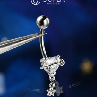 OUFER Dangle Belly Button Rings, 316L Surgical Steel Belly Rings for Women, 14G Heart Navel Piercing Jewelry, Star Dangling Clear CZ Curved Barbells Silver/Gold 10MM