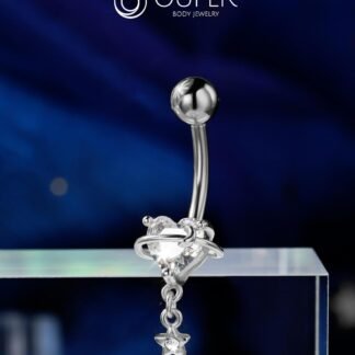 OUFER Dangle Belly Button Rings, 316L Surgical Steel Belly Rings for Women, 14G Heart Navel Piercing Jewelry, Star Dangling Clear CZ Curved Barbells Silver/Gold 10MM