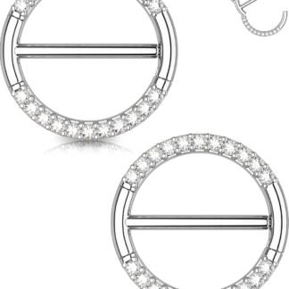 OUFER Nipple Piercing Jewelry 14G Shiny Clear CZ Round Nipple Rings, 2PCS 316L Surgical Steel Nipple Barbell Hoops, 14MM Nipple Piercing Kit For Women