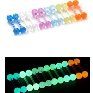 Oufksiyy 14G 16mm 14mm Glow in Dark Flexible Acrylic Straight Tongue Rings Plastic Nipple Ring Retainer Body Piercing Jewelry for Women Men 24PCS(12Pairs 14 Gauge Piercings