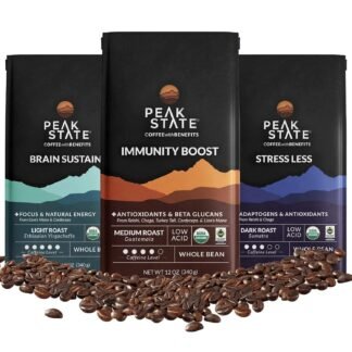 Peak State Coffee with Benefits, 3 Bag Variety Pack – Mushroom Coffee, Low Acid & Smooth, Immunity Boost, Brain Sustain & Stress Less, Organic Whole Bean, Gluten Free, 12 oz. Each
