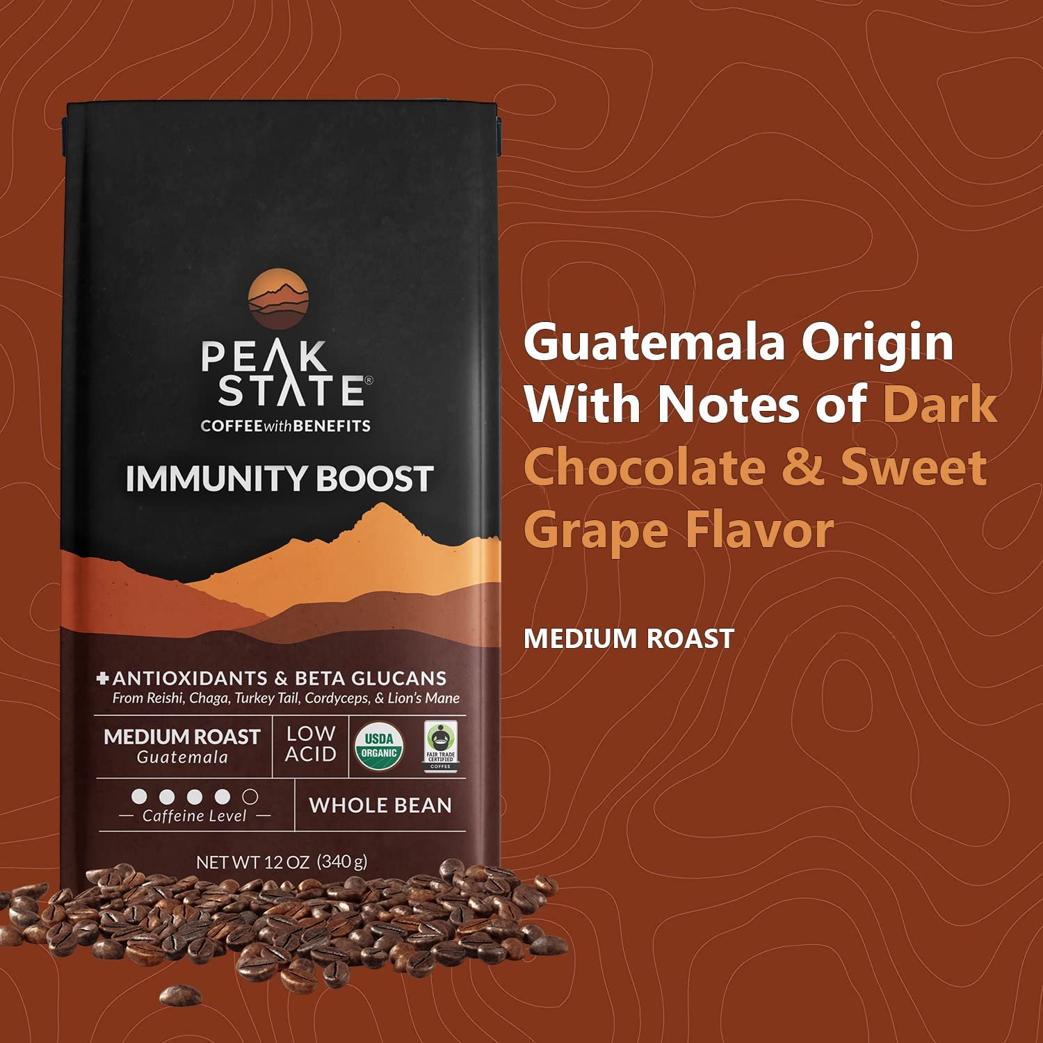 Peak State Coffee with Functional Mushrooms Low Acid Whole Bean FOCUS BOOST IMMUNITY DESTRESS Immunity Boost - lunas-mystic-emporium.com Peak State Coffee with Functional Mushrooms, Low Acid, Whole Bean (FOCUS, BOOST IMMUNITY, & DESTRESS) (Immunity Boost)