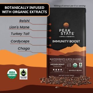 Peak State Coffee with Functional Mushrooms Low Acid Whole Bean FOCUS BOOST IMMUNITY DESTRESS Immunity Boost - lunas-mystic-emporium.com Peak State Coffee with Functional Mushrooms, Low Acid, Whole Bean (FOCUS, BOOST IMMUNITY, & DESTRESS) (Immunity Boost)
