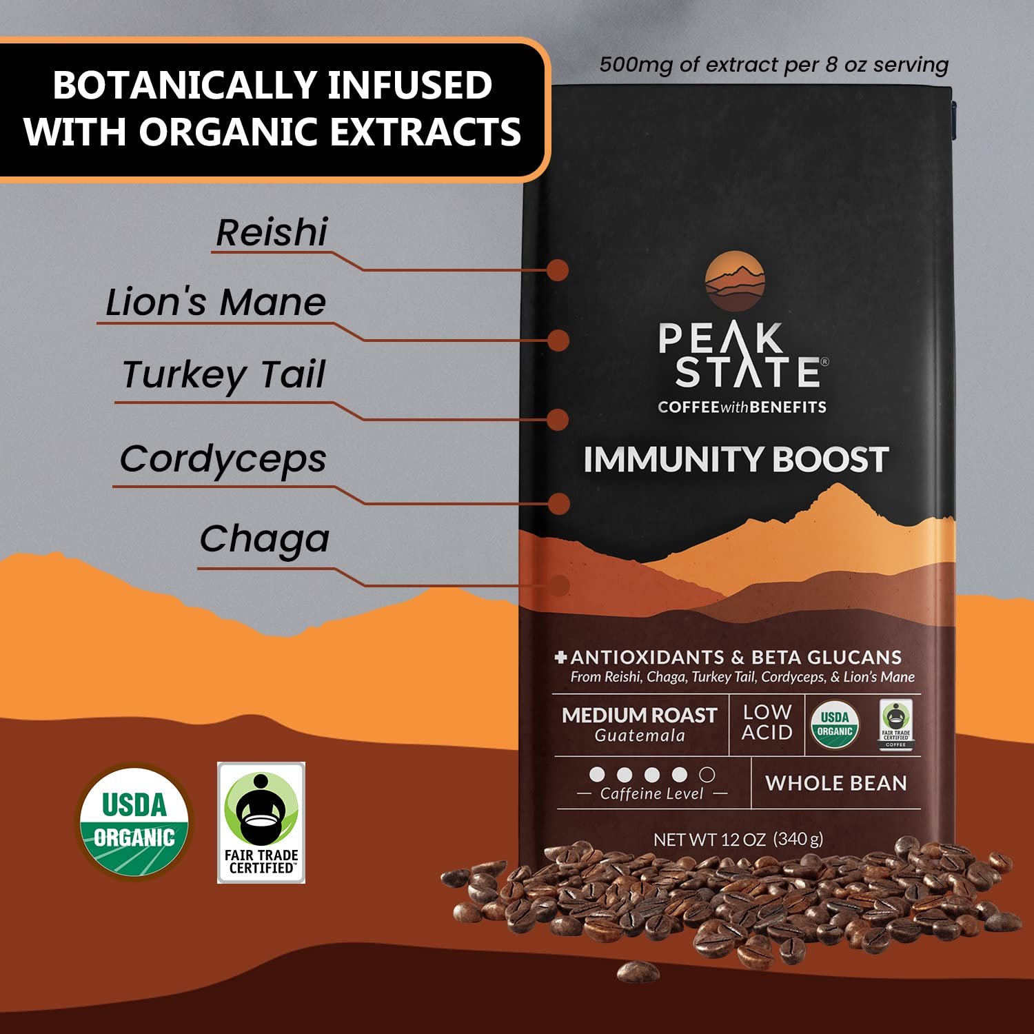 Peak State Coffee with Functional Mushrooms Low Acid Whole Bean FOCUS BOOST IMMUNITY DESTRESS Immunity Boost - lunas-mystic-emporium.com Peak State Coffee with Functional Mushrooms, Low Acid, Whole Bean (FOCUS, BOOST IMMUNITY, & DESTRESS) (Immunity Boost)