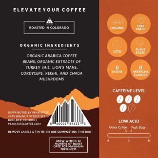 Peak State Coffee with Functional Mushrooms Low Acid Whole Bean FOCUS BOOST IMMUNITY DESTRESS Immunity Boost - lunas-mystic-emporium.com Peak State Coffee with Functional Mushrooms, Low Acid, Whole Bean (FOCUS, BOOST IMMUNITY, & DESTRESS) (Immunity Boost)