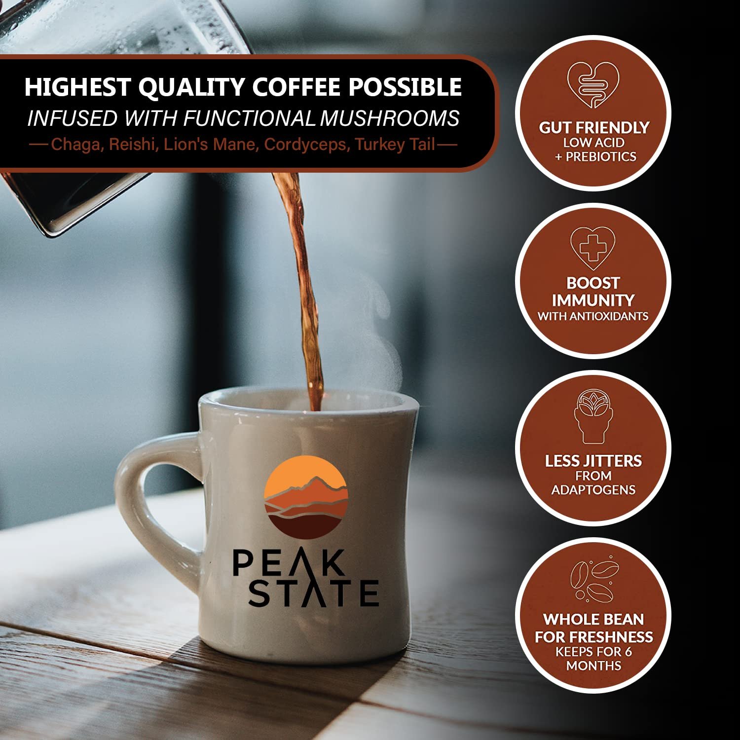 Peak State Coffee with Functional Mushrooms Low Acid Whole Bean FOCUS BOOST IMMUNITY DESTRESS Immunity Boost - lunas-mystic-emporium.com Peak State Coffee with Functional Mushrooms, Low Acid, Whole Bean (FOCUS, BOOST IMMUNITY, & DESTRESS) (Immunity Boost)