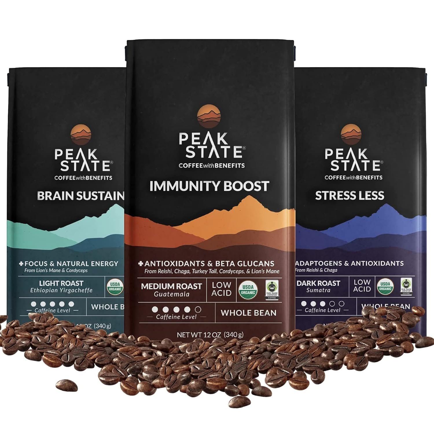 Peak State Coffee with Functional Mushrooms Low Acid Whole Bean FOCUS BOOST IMMUNITY DESTRESS Immunity Boost - lunas-mystic-emporium.com Peak State Coffee with Functional Mushrooms, Low Acid, Whole Bean (FOCUS, BOOST IMMUNITY, & DESTRESS) (Immunity Boost)