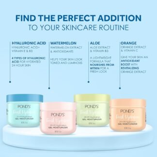 POND’S Fresh Hydration Gel Moisturizer – 24 HR Hydration with Vitamin E, Hyaluronic Acid & Vitamin B3 – Alcohol & Oil-Free Face Moisturizer – Dermatologist Tested, 3.4 oz