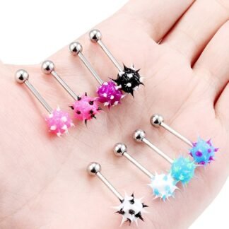 Prjndjw 14G Silicone Soft Spike Ball Tongue Rings Surgical Steel Tongue Rings Koosh Spiky Body Piercing Jewelry 8Pcs 16MM
