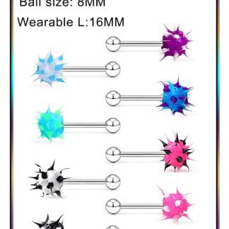 Prjndjw 14G Silicone Soft Spike Ball Tongue Rings Surgical Steel Tongue Rings Koosh Spiky Body Piercing Jewelry 8Pcs 16MM