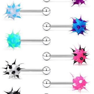 Prjndjw 14G Silicone Soft Spike Ball Tongue Rings Surgical Steel Tongue Rings Koosh Spiky Body Piercing Jewelry 8Pcs 16MM