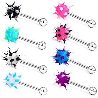 Prjndjw 14G Silicone Soft Spike Ball Tongue Rings Surgical Steel Tongue Rings Koosh Spiky Body Piercing Jewelry 8Pcs 16MM