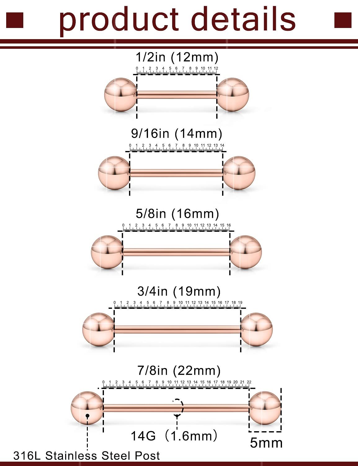 Prjndjw 14G Surgical Steel Straight Barbell - Tongue & Nipple Rings for Women & Men - Length 12MM, 14MM, 16MM, 18MM, 22mm - Piercing Jewelry