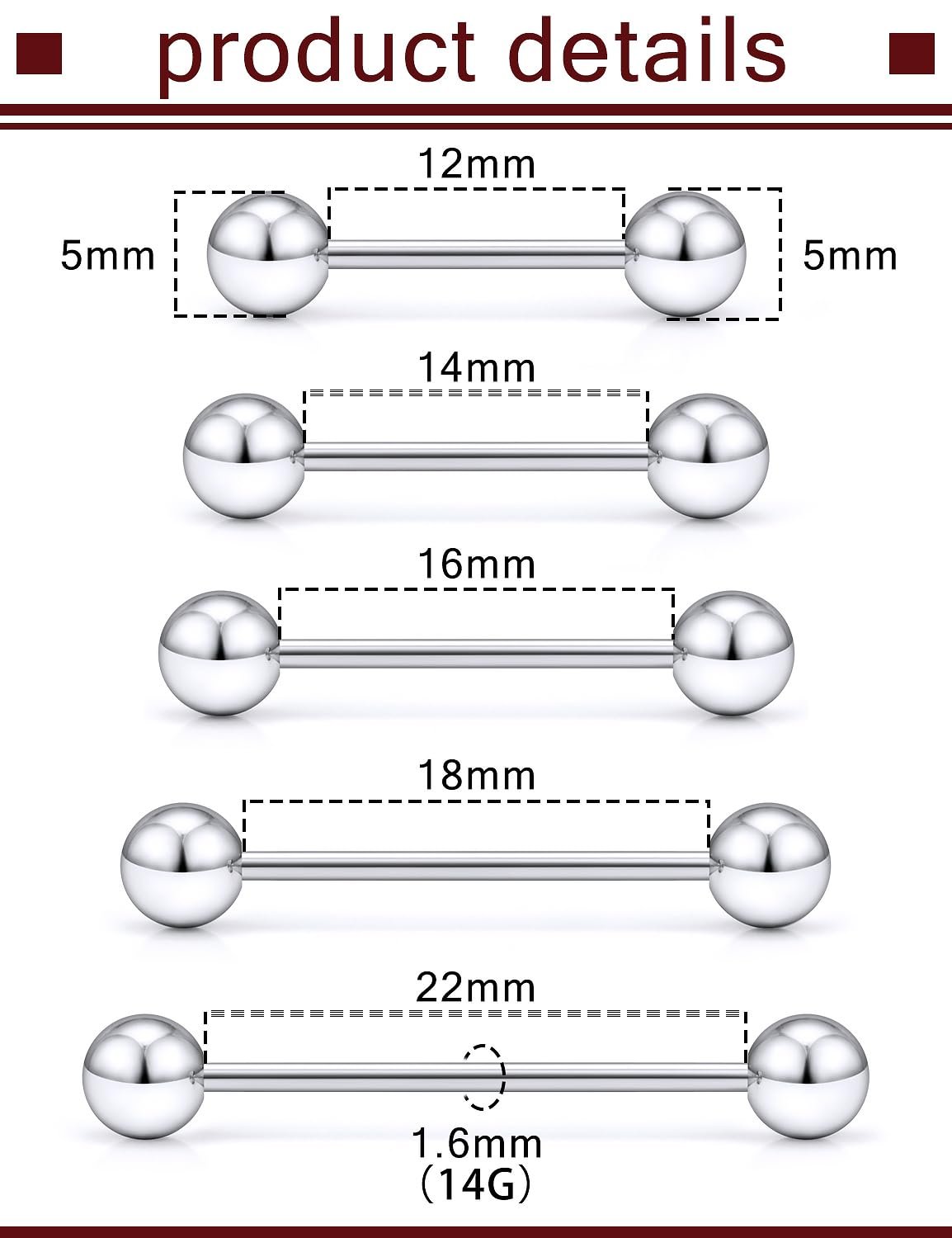 Prjndjw 14G Surgical Steel Straight Barbell - Tongue & Nipple Rings for Women & Men - Length 12MM, 14MM, 16MM, 18MM, 22mm - Piercing Jewelry