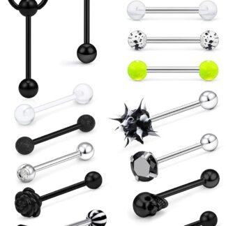 Prjndjw 14G Surgical Steel Tongue Rings for Women Men Teaser Double Barbell with Slave Ring Skull/Flower/Silicone Soft Spike Ball/CZ/Door Knocker/Pill Tongue Ring Piercing...