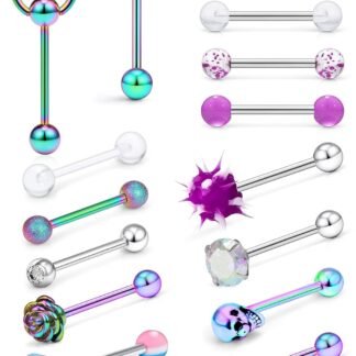 Prjndjw 14G Surgical Steel Tongue Rings for Women Men Teaser Double Barbell with Slave Ring Skull/Flower/Silicone Soft Spike Ball/CZ/Door Knocker/Pill Tongue Ring Piercing...