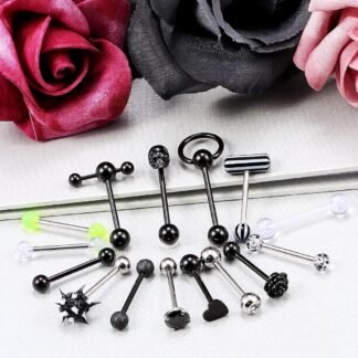 Prjndjw 14G Surgical Steel Tongue Rings for Women Men Teaser Double Barbell with Slave Ring Skull/Flower/Silicone Soft Spike Ball/CZ/Door Knocker/Pill Tongue Ring Piercing...