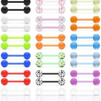 Prjndjw 48Pcs 14G 16mm 14MM Glow in Dark Tongue Nipple Ring Plastic Flexible Acrylic Straight Barbell Body Piercing Jewelry for Women Men Tongue NIppie piercings