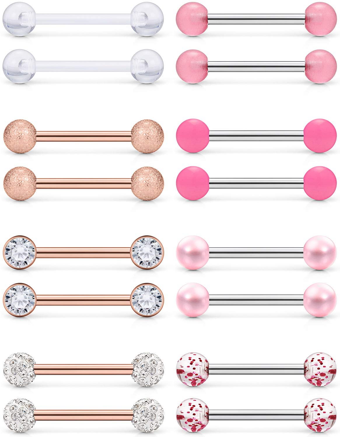 Prjndjw 8-12Pairs 14G 16G Nipple Rings Surgical Steel Tongue Rings Barbell Nipplering Diamond CZ Body Piercing Jewelry Retainer for Women Men 14mm Length Size