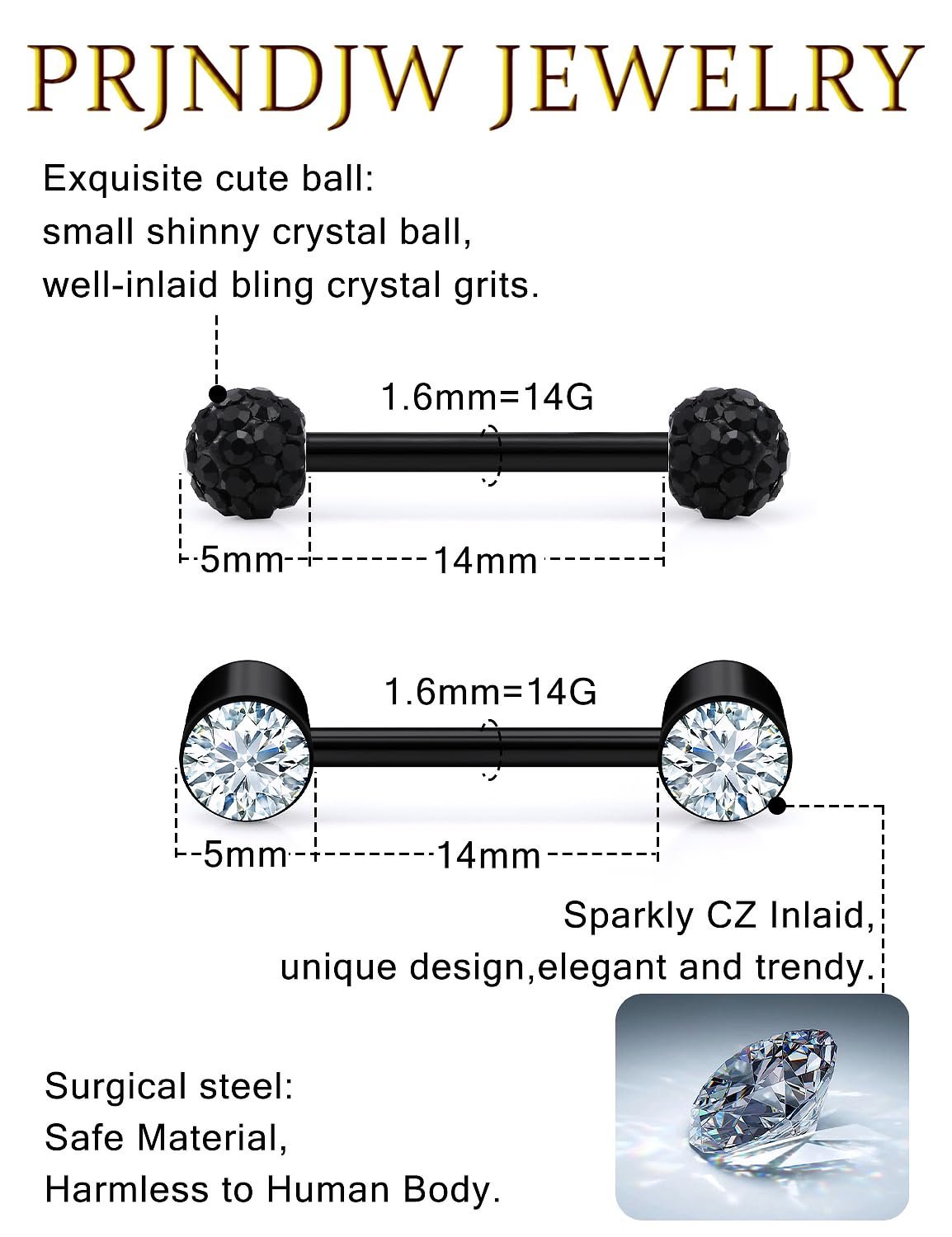 Prjndjw 8-12Pairs 14G 16G Nipple Rings Surgical Steel Tongue Rings Barbell Nipplering Diamond CZ Body Piercing Jewelry Retainer for Women Men 14mm Length Size