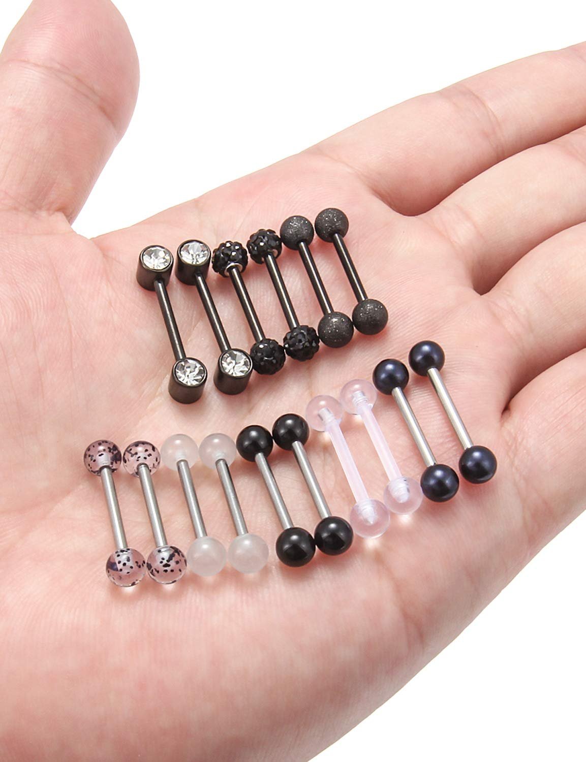 Prjndjw 8-12Pairs 14G 16G Nipple Rings Surgical Steel Tongue Rings Barbell Nipplering Diamond CZ Body Piercing Jewelry Retainer for Women Men 14mm Length Size