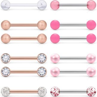 Prjndjw 8-12Pairs 14G 16G Nipple Rings Surgical Steel Tongue Rings Barbell Nipplering Diamond CZ Body Piercing Jewelry Retainer for Women Men 14mm Length Size