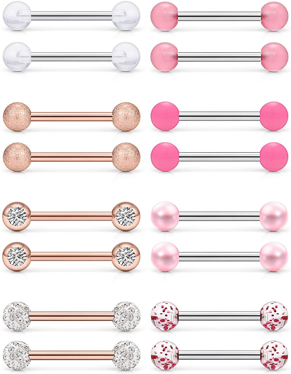 Prjndjw 8-12Pairs 14G 16G Nipple Rings Surgical Steel Tongue Rings Barbell Nipplering Diamond CZ Body Piercing Jewelry Retainer for Women Men 14mm Length Size