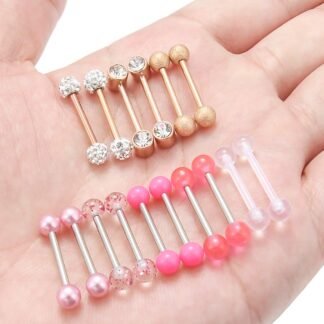 Prjndjw 8-12Pairs 14G 16G Nipple Rings Surgical Steel Tongue Rings Barbell Nipplering Diamond CZ Body Piercing Jewelry Retainer for Women Men 14mm Length Size