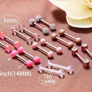 Prjndjw 8-12Pairs 14G 16G Nipple Rings Surgical Steel Tongue Rings Barbell Nipplering Diamond CZ Body Piercing Jewelry Retainer for Women Men 14mm Length Size