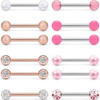 Prjndjw 8-12Pairs 14G 16G Nipple Rings Surgical Steel Tongue Rings Barbell Nipplering Diamond CZ Body Piercing Jewelry Retainer for Women Men 14mm Length Size