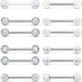Prjndjw 8-12Pairs 14G 16G Nipple Rings Surgical Steel Tongue Rings Barbell Nipplering Diamond CZ Body Piercing Jewelry Retainer for Women Men 14mm Length Size