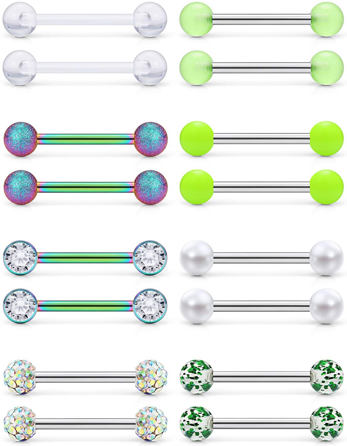 Prjndjw 8-12Pairs 14G 16G Nipple Rings Surgical Steel Tongue Rings Barbell Nipplering Diamond CZ Body Piercing Jewelry Retainer for Women Men 14mm Length Size