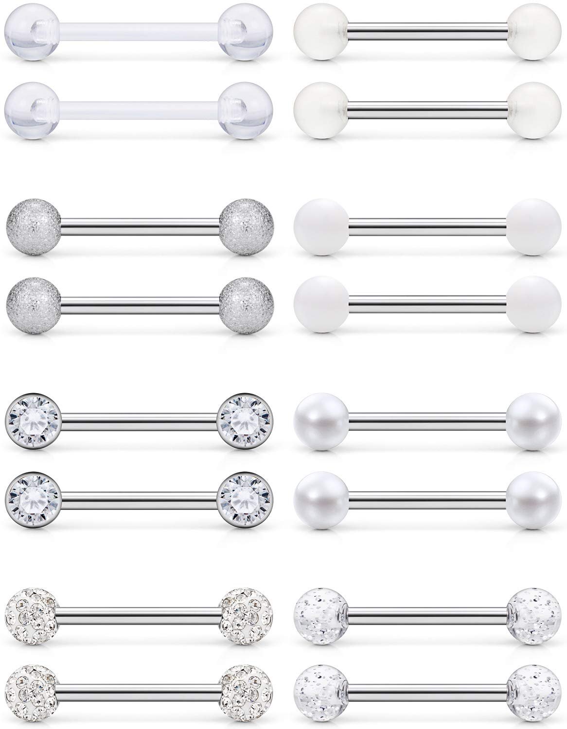 Prjndjw 8-12Pairs 14G 16G Nipple Rings Surgical Steel Tongue Rings Barbell Nipplering Diamond CZ Body Piercing Jewelry Retainer for Women Men 14mm Length Size