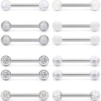 Prjndjw 8-12Pairs 14G 16G Nipple Rings Surgical Steel Tongue Rings Barbell Nipplering Diamond CZ Body Piercing Jewelry Retainer for Women Men 14mm Length Size