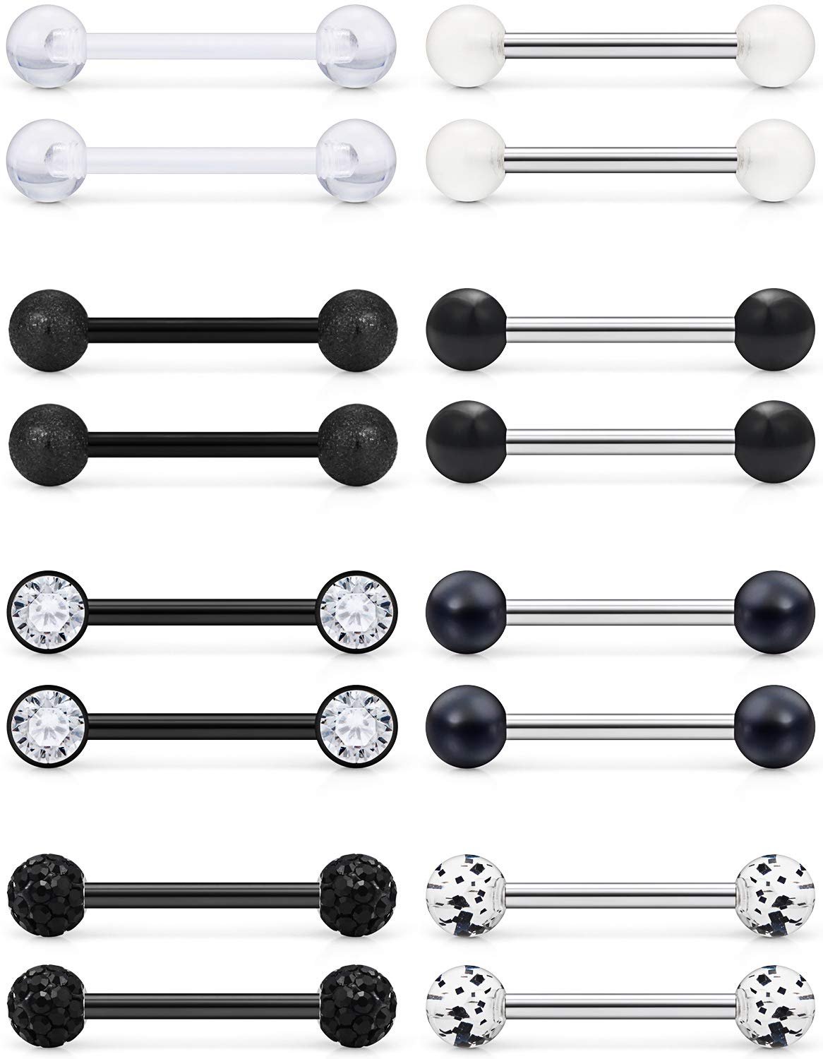 Prjndjw 8-12Pairs 14G 16G Nipple Rings Surgical Steel Tongue Rings Barbell Nipplering Diamond CZ Body Piercing Jewelry Retainer for Women Men 14mm Length Size