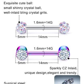 Prjndjw 8-12Pairs 14G 16G Nipple Rings Surgical Steel Tongue Rings Barbell Nipplering Diamond CZ Body Piercing Jewelry Retainer for Women Men 14mm Length Size