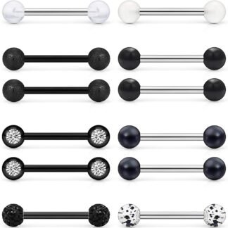 Prjndjw 8-12Pairs 14G 16G Nipple Rings Surgical Steel Tongue Rings Barbell Nipplering Diamond CZ Body Piercing Jewelry Retainer for Women Men 14mm Length Size