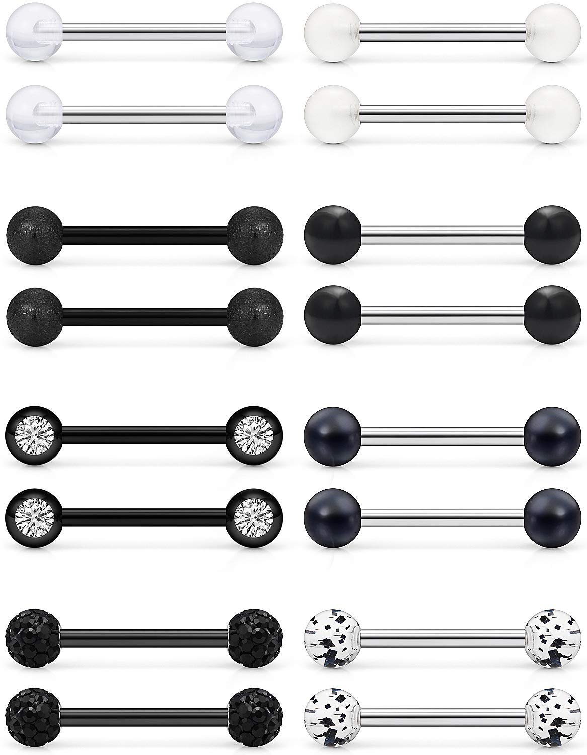 Prjndjw 8-12Pairs 14G 16G Nipple Rings Surgical Steel Tongue Rings Barbell Nipplering Diamond CZ Body Piercing Jewelry Retainer for Women Men 14mm Length Size