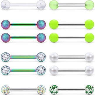 Prjndjw 8-12Pairs 14G 16G Nipple Rings Surgical Steel Tongue Rings Barbell Nipplering Diamond CZ Body Piercing Jewelry Retainer for Women Men 14mm Length Size