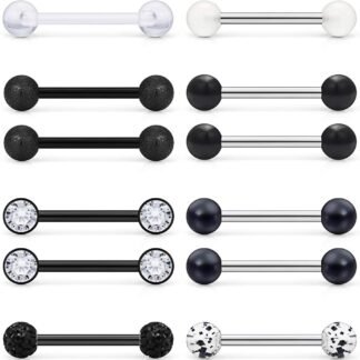 Prjndjw 8-12Pairs 14G 16G Nipple Rings Surgical Steel Tongue Rings Barbell Nipplering Diamond CZ Body Piercing Jewelry Retainer for Women Men 14mm Length Size