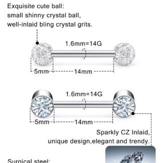 Prjndjw 8-12Pairs 14G 16G Nipple Rings Surgical Steel Tongue Rings Barbell Nipplering Diamond CZ Body Piercing Jewelry Retainer for Women Men 14mm Length Size
